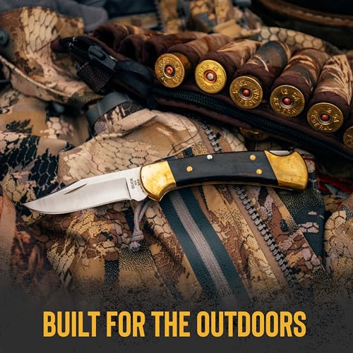Buck Knives 112 Ranger Hunting Knife, 3" Blade, Lockback Design, Ebony Handle, Brass Bolsters, 420HC Stainless Steel Clip Point Blade, Sheath Included, Folding Knife Made in the USA, 5.6 oz - Image 3