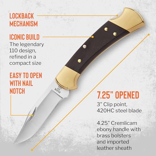 Buck Knives 112 Ranger Hunting Knife, 3" Blade, Lockback Design, Ebony Handle, Brass Bolsters, 420HC Stainless Steel Clip Point Blade, Sheath Included, Folding Knife Made in the USA, 5.6 oz - Image 4