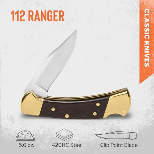 Buck Knives 112 Ranger Hunting Knife, 3" Blade, Lockback Design, Ebony Handle, Brass Bolsters, 420HC Stainless Steel Clip Point Blade, Sheath Included, Folding Knife Made in the USA, 5.6 oz - Image 2