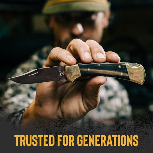 Buck Knives 112 Ranger Hunting Knife, 3" Blade, Lockback Design, Ebony Handle, Brass Bolsters, 420HC Stainless Steel Clip Point Blade, Sheath Included, Folding Knife Made in the USA, 5.6 oz - Image 5