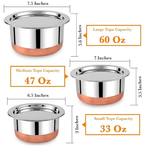 CRAFTONE Stainless Steel Copper bottom Tope Set with Lid, Cookware Set of 3 Pcs Gas Stove Friendly multi purpose Container Pot Set (60 Oz, 47 Oz and 33 Oz) - Image 3