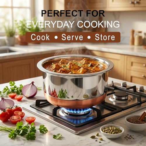CRAFTONE Stainless Steel Copper bottom Tope Set with Lid, Cookware Set of 3 Pcs Gas Stove Friendly multi purpose Container Pot Set (60 Oz, 47 Oz and 33 Oz) - Image 2