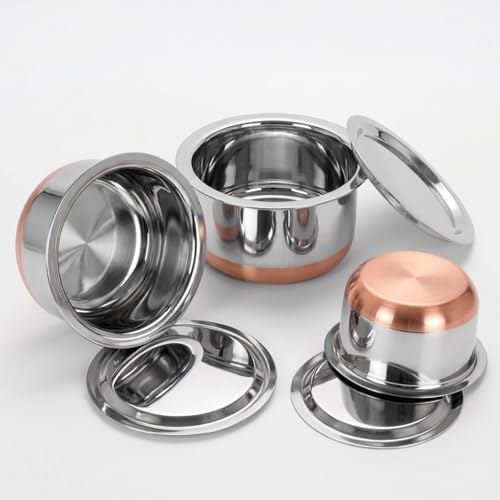 CRAFTONE Stainless Steel Copper bottom Tope Set with Lid, Cookware Set of 3 Pcs Gas Stove Friendly multi purpose Container Pot Set (60 Oz, 47 Oz and 33 Oz) - Image 1