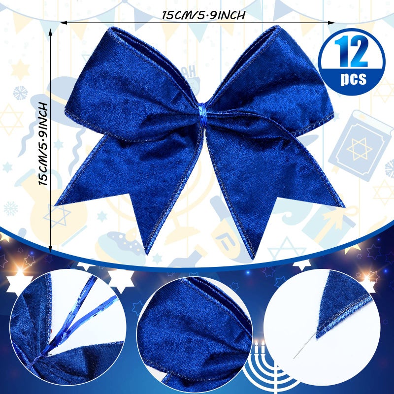 Panelee 12 Pcs Blue Velvet Christmas Bows 6 x 6 in Wreath Bow Christmas Tree Decorations Ornaments for Hanukkah Xmas Tree Topper Wreath Garland Party Gift Wrapping DIY Decor - Image 2
