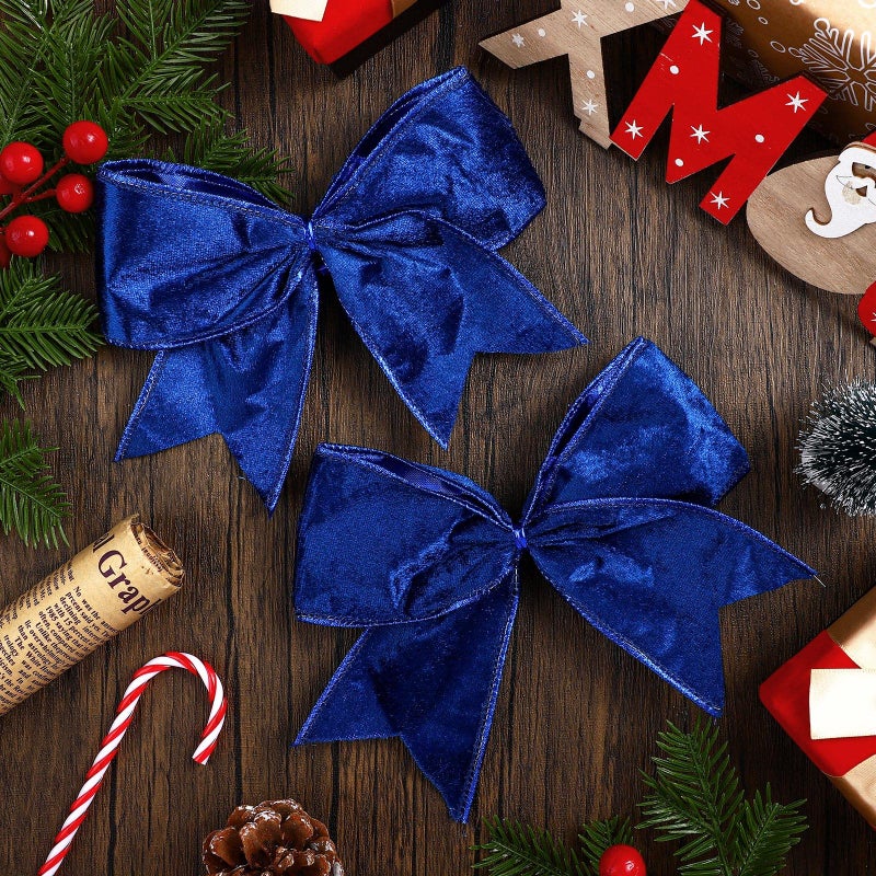 Panelee 12 Pcs Blue Velvet Christmas Bows 6 x 6 in Wreath Bow Christmas Tree Decorations Ornaments for Hanukkah Xmas Tree Topper Wreath Garland Party Gift Wrapping DIY Decor - Image 3
