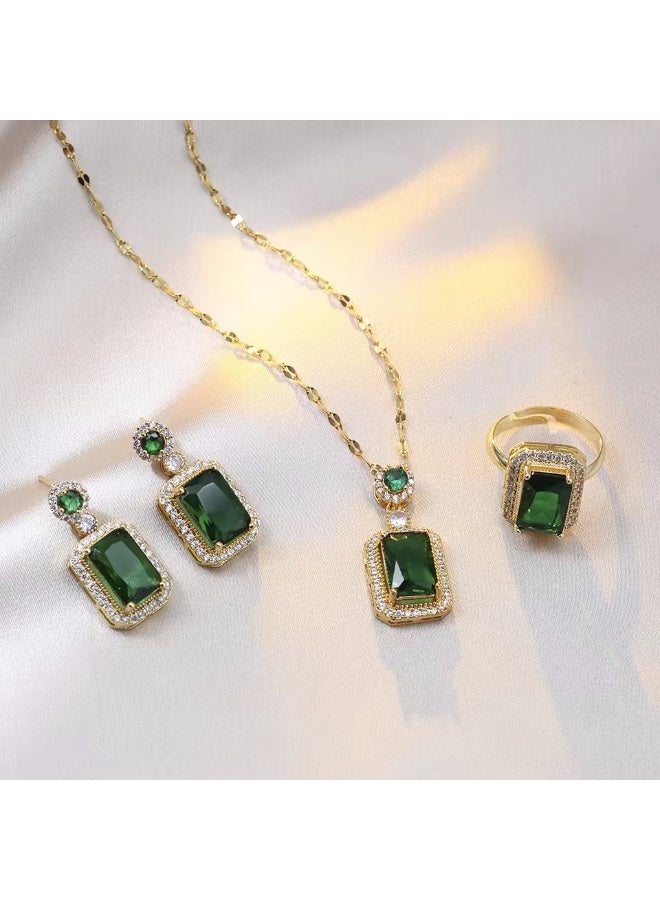 Women Jewelry Set for Women Trendy Necklace with Pendant, Earrings & Ring, Fashion Jewelry Gift for Her Rhinestone Zircon Emerald Pendant Necklaces & Earrings Set  - Image 2