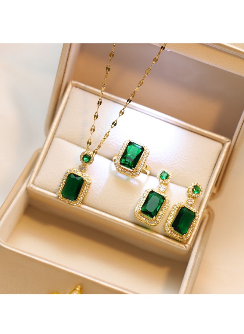 Women Jewelry Set for Women Trendy Necklace with Pendant, Earrings & Ring, Fashion Jewelry Gift for Her Rhinestone Zircon Emerald Pendant Necklaces & Earrings Set  - Image 1