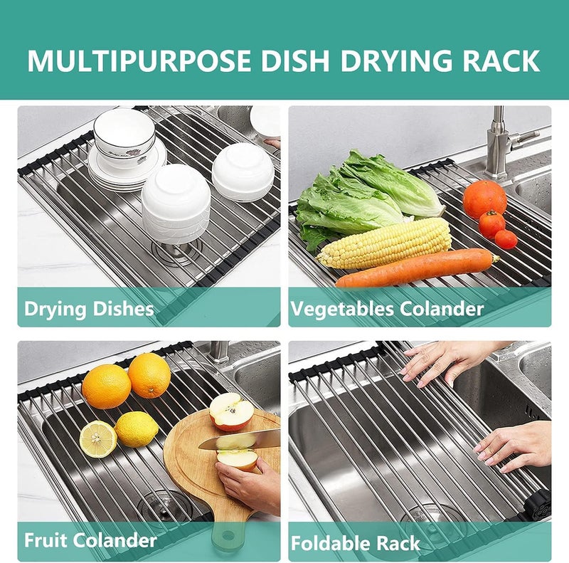 INVOSS Large Roll Up, Over The Sink Dish Drying Rack Kitchen Rolling Dish Drainer, Foldable Sink Rack Mat Stainless Steel Wire (18" X 17.5", Silver) - Image 2
