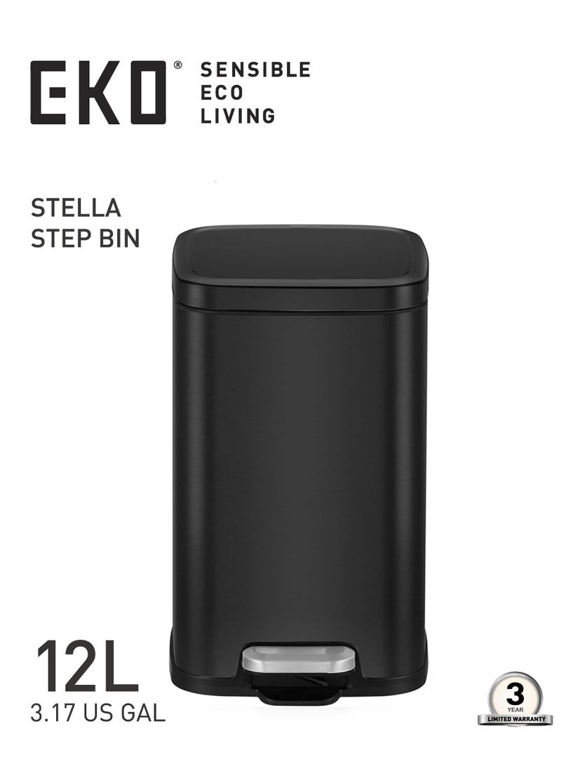 EKO EKO 12L Square Step Bin Stella - Black | Compact Pedal Bin with Soft-Close Lid | Fingerprint-Resistant Finish | Removable Inner Liner  - Image 3