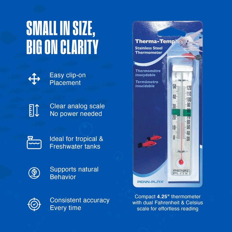 Penn Plax Penn-Plax Therma-Temp Stainless Steel Thermometer - Accurate Aquarium Thermometer - Easy to Read - Dual Scale for Freshwater and Saltwater Tanks - Rust-Resistant Clip-On Design - 4.25 Inches - Image 4