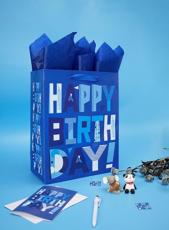 wishinside مجموعة أكياس هدايا زرقاء كبيرة من wishinside مقاس 13 بوصة مع بطاقة تهنئة وورق مناديل (عيد ميلاد سعيد أزرق) لحفلات أعياد ميلاد الرجال، وحفلات الأطفال، وحفلات استقبال المولود الجديد، أو حفلات استقبال المولود الجديد - 13 بوصة × 10.2 بوصة × 5.2 بوصة، قطعة واحدة - Image 3