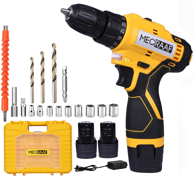 MECRAAF® 12V Cordless Screwdriver and Drill Machine - Compact, Lightweight, Powerful - 1300 RPM | Reversible switch Multi-Torque Clutch, 10mm Keyless Chuck - 2 x1.5Ah Battery | 6 months motor warranty - Image 1