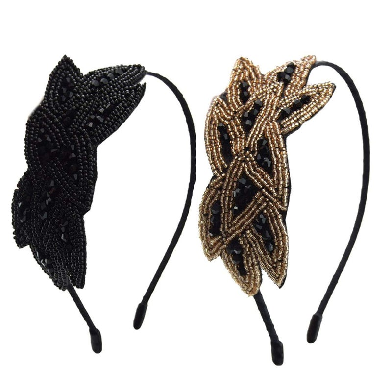 2 PCS Handmade Beaded Leaf Headband Vintage Rhinestone Hairband HairBand Headwear Accessories for Women Lady Girls Black Gold Black