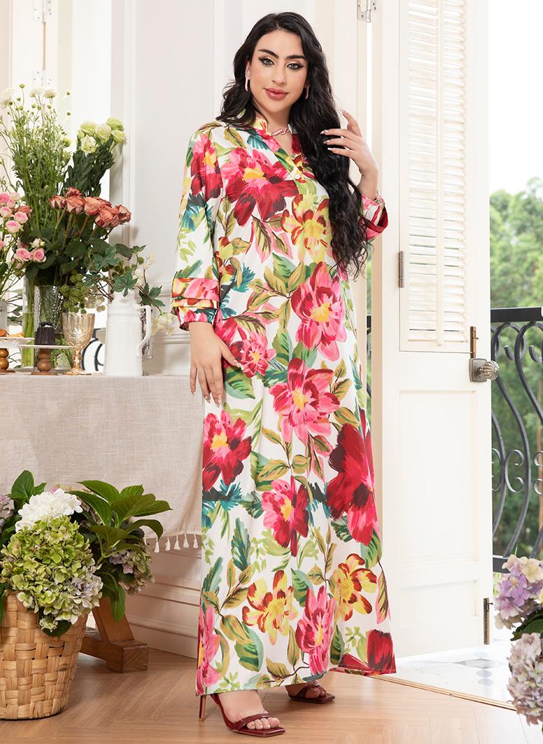 فرايديين لبس العطلة انيق طوق على شكل V زهري مشجر الاكمام المتوهجة فساتين طويلة احمر - Image 3