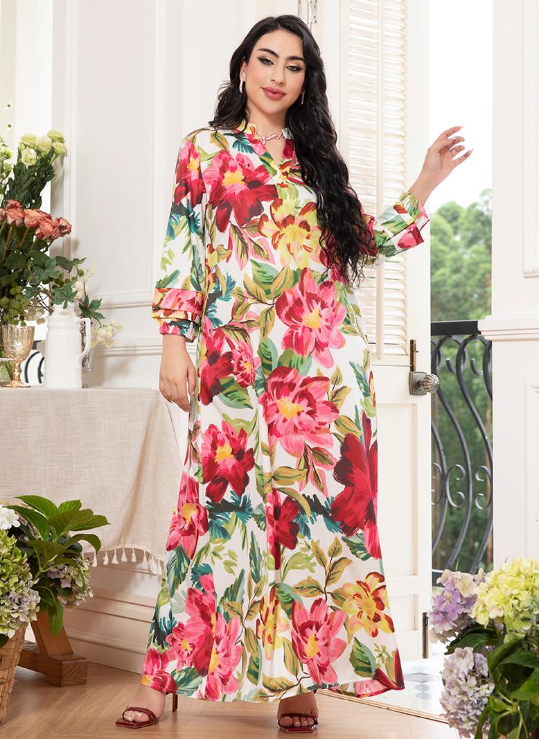 فرايديين لبس العطلة انيق طوق على شكل V زهري مشجر الاكمام المتوهجة فساتين طويلة احمر - Image 5