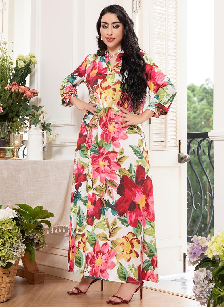 فرايديين لبس العطلة انيق طوق على شكل V زهري مشجر الاكمام المتوهجة فساتين طويلة احمر - Image 4