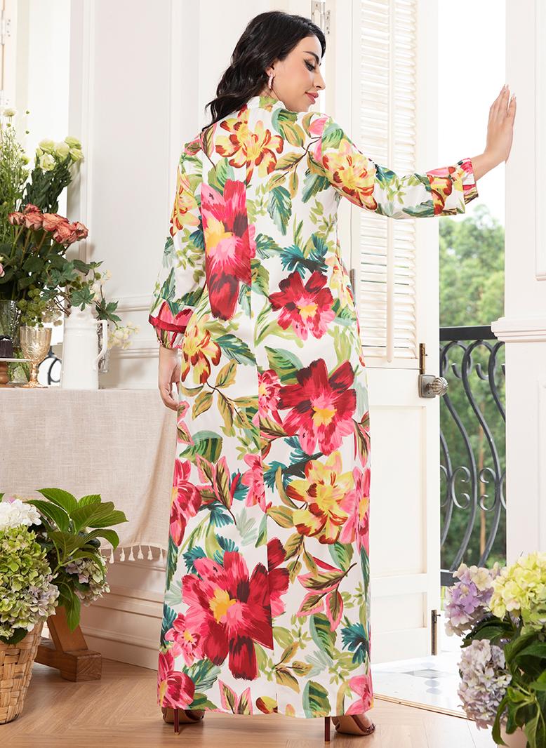 فرايديين لبس العطلة انيق طوق على شكل V زهري مشجر الاكمام المتوهجة فساتين طويلة احمر - Image 2