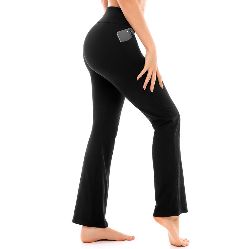 Walifrey Flare Leggings with Pocket for Women,High Waisted Opaque Flare Pants for Yoga Workout 28 Black L - Image 1