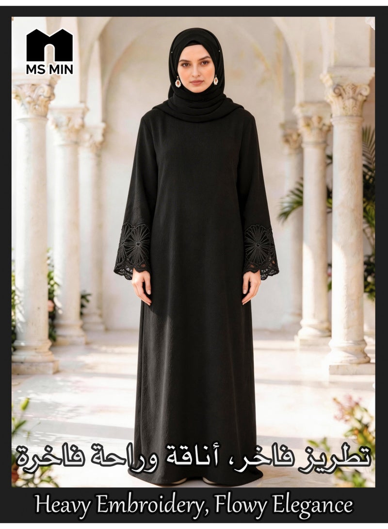 MS MIN Black Lace Embroidered Hijab Matching Muslim Abaya, Slimming Structured Prayer Dress, Classic Versatile Gown - Image 1