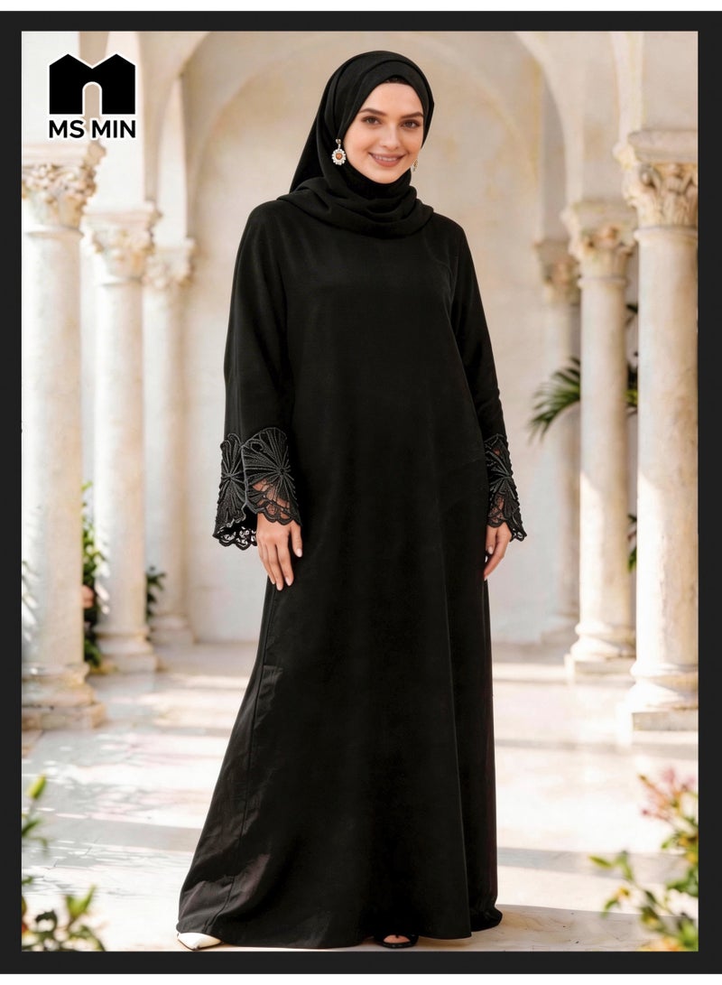 MS MIN Black Lace Embroidered Hijab Matching Muslim Abaya, Slimming Structured Prayer Dress, Classic Versatile Gown - Image 2