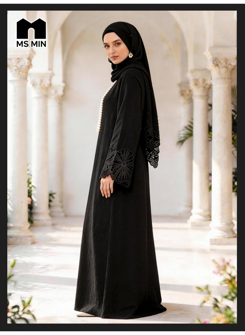 MS MIN Black Lace Embroidered Hijab Matching Muslim Abaya, Slimming Structured Prayer Dress, Classic Versatile Gown - Image 3