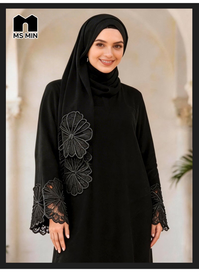 MS MIN Black Lace Embroidered Hijab Matching Muslim Abaya, Slimming Structured Prayer Dress, Classic Versatile Gown - Image 4