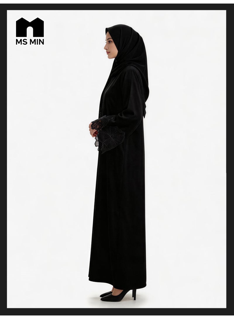 MS MIN Black Lace Embroidered Hijab Matching Muslim Abaya, Slimming Structured Prayer Dress, Classic Versatile Gown - Image 5