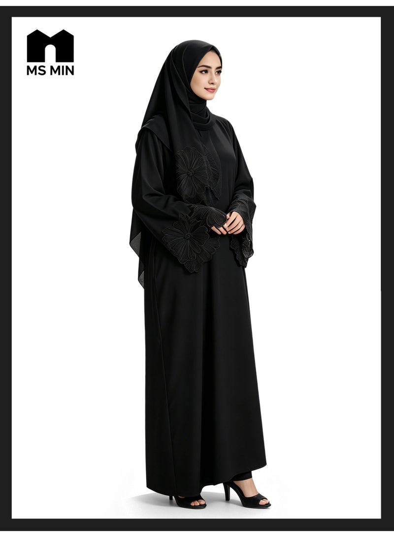 MS MIN Black Lace Embroidered Hijab Matching Muslim Abaya, Slimming Structured Prayer Dress, Classic Versatile Gown - Image 4
