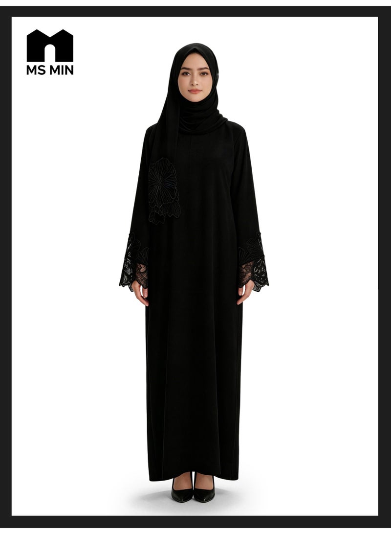 MS MIN Black Lace Embroidered Hijab Matching Muslim Abaya, Slimming Structured Prayer Dress, Classic Versatile Gown - Image 3