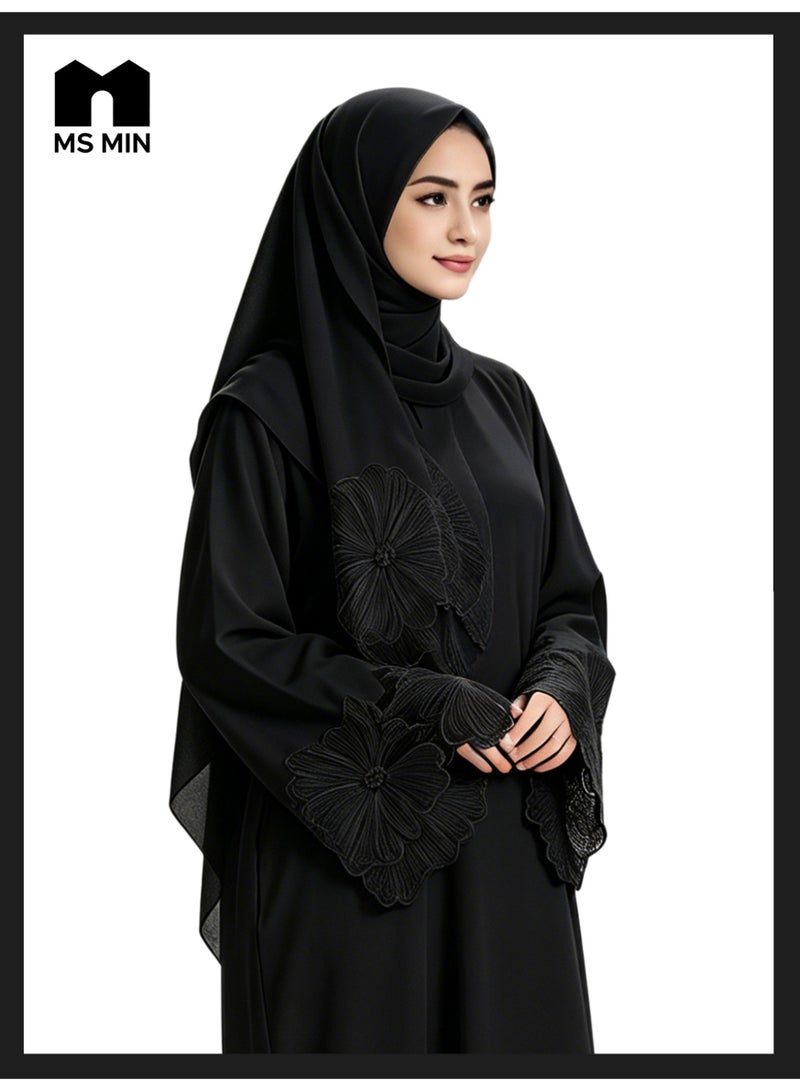 MS MIN Black Lace Embroidered Hijab Matching Muslim Abaya, Slimming Structured Prayer Dress, Classic Versatile Gown - Image 2