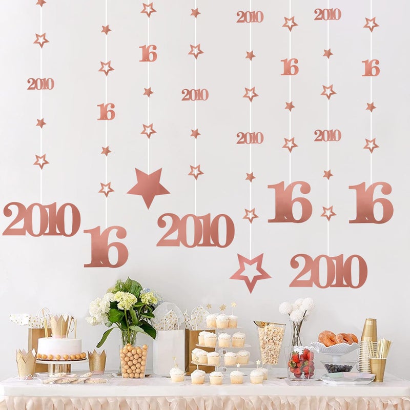 Eucutur Pink Rose Gold Sweet 16 Party Decorations for Girls, Pre-Strung Glitter Twinkle Number 2010 16 Years Old Hanging Streamer Banner Party Supplies, Pink Happy 16th Birthday Gifts Decor - Image 1