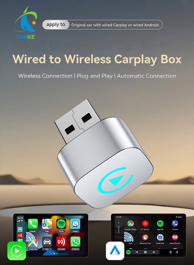 TUNKE 2-in-1 Wireless CarPlay & Android Auto Adapter – Bluetooth 5.0 + 5G WiFi, Plug & Play USB Dongle (Silver) for Cars with Wired CarPlay System  - Image 1