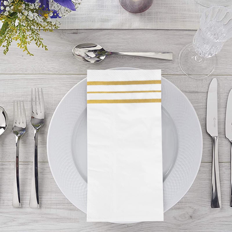 YOCHANDA 100 Pcs White and Gold napkins  Dinner Paper Napkins Disposable Hand Towels for Bathroom  Soft  Absorbent  Gold Party Wedding Napkins for Kitchen  Parties  Dinners or Events (Yellow  100) - Image 4