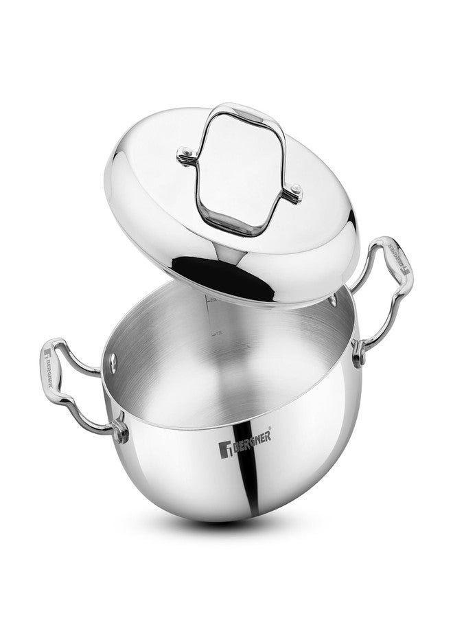 Bergner Argent Saiba Triply Stainless Steel 18 cm (1.8 Liters) Multi Purpose Casserole/Stainless Steel Casserole with Curved Shape Lid and Welded Cast Handles, Less Oil Cooking - Induction Bottom - Image 1