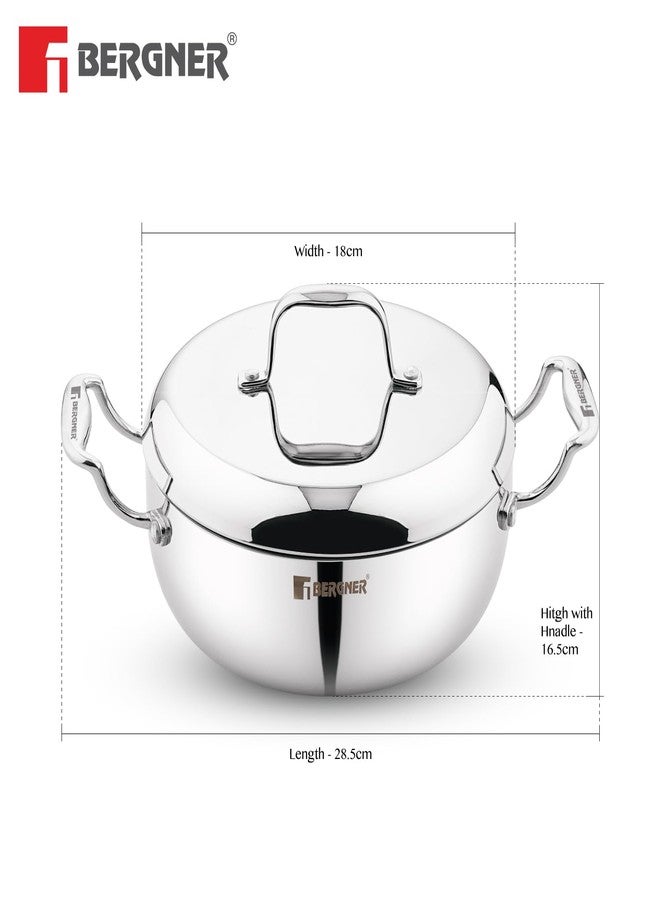 Bergner Argent Saiba Triply Stainless Steel 18 cm (1.8 Liters) Multi Purpose Casserole/Stainless Steel Casserole with Curved Shape Lid and Welded Cast Handles, Less Oil Cooking - Induction Bottom - Image 4