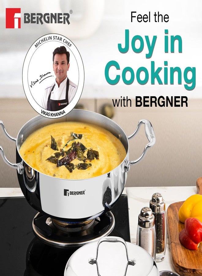 Bergner Argent Saiba Triply Stainless Steel 18 cm (1.8 Liters) Multi Purpose Casserole/Stainless Steel Casserole with Curved Shape Lid and Welded Cast Handles, Less Oil Cooking - Induction Bottom - Image 3
