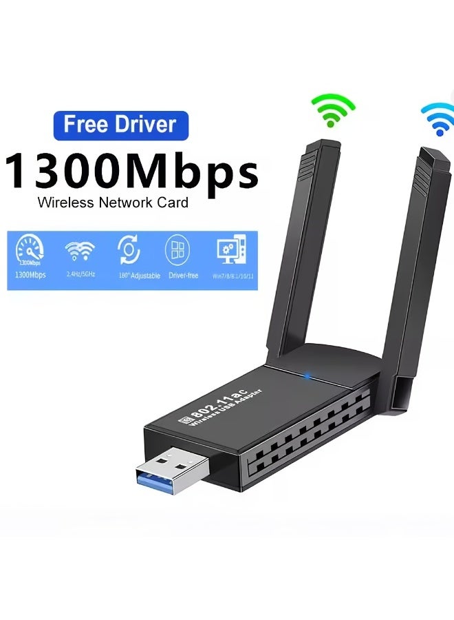 نيكور محول WiFi وبلوتوث - مستقبل شبكة لاسلكية خارجي ثنائي النطاق (2.4GHz/5GHz) بسرعة 1300 ميجابت في الثانية، مزود بمنفذ USB 3.0 وبلوتوث 5.0، يدعم خاصية "التوصيل والتشغيل" (Plug & Play) لأجهزة الكمبيوتر المكتبية والمحمولة، ومتوافق مع أنظمة Windows 11/10/8/7. - Image 1