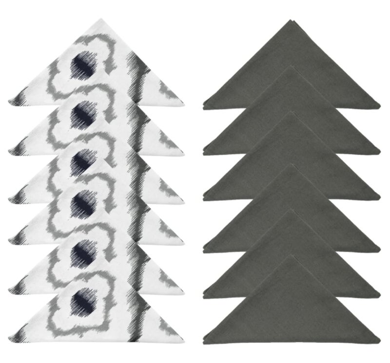 Dekor World Cotton Grey Ikat Printed and Solid Napkin Set (Pack of 12) - Image 1