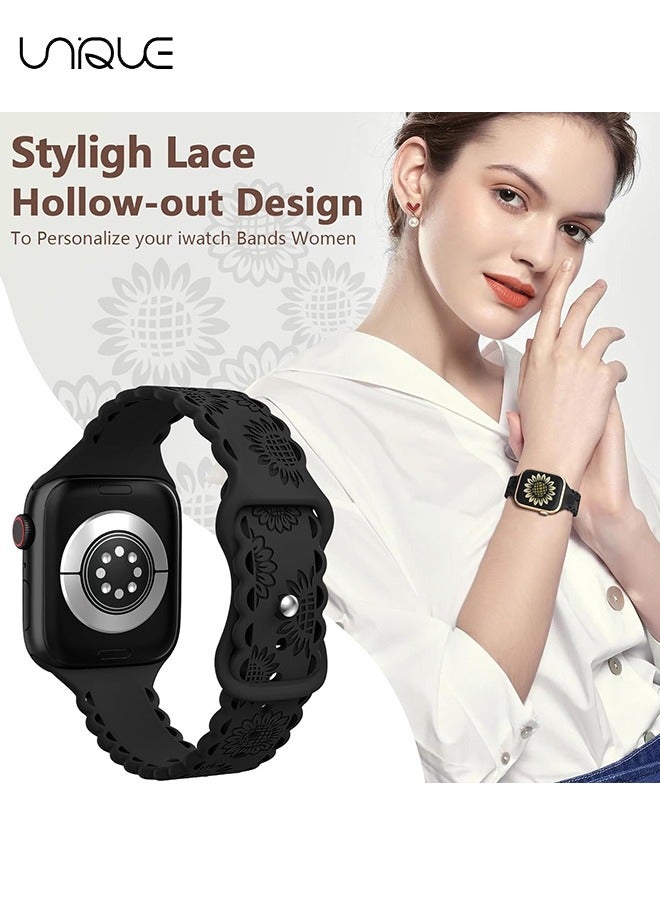 يونيك أحزمة محفورة متوافقة مع سوار ساعة أبل 42 مم 44 مم 45 مم 49 مم للنساء ، حزام رياضي ناعم من السيليكون سوار معصمه جميل لسلسلة نطاقات iWatch 9/8/7/6/5/4/3/2/1 / SE (أسود) - Image 5
