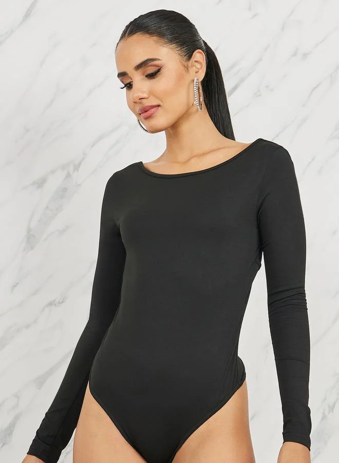 Styli Faux Rhinestone Detail Open Back Bodysuit