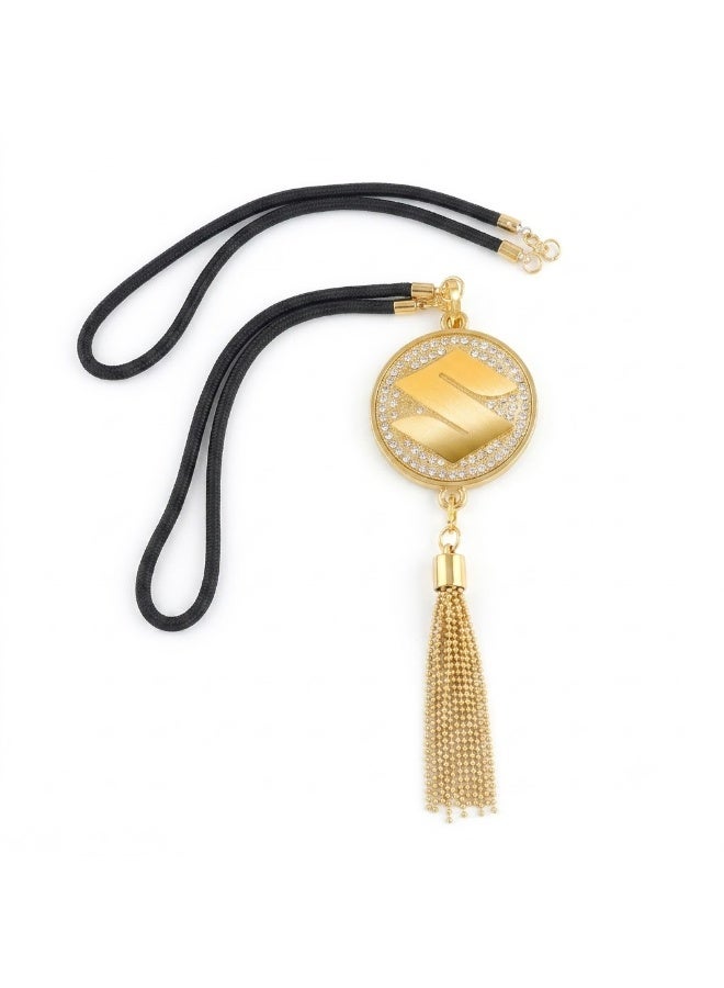 A stylish car pendant featuring a gold metal Suzuki logo and a touch of luxurious crystal.