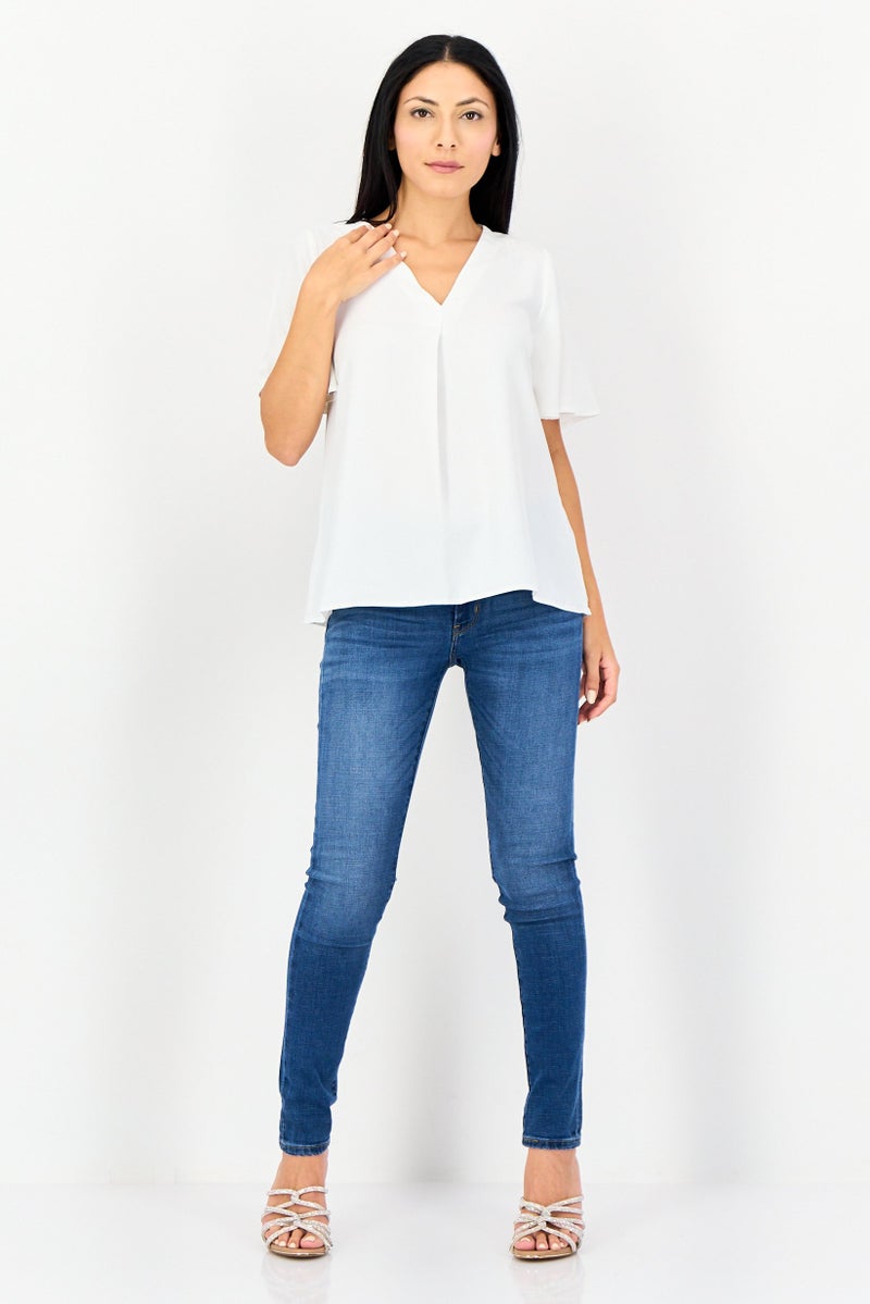Threadbare Women V-Neck Flutter Sleeves Plain Top, White - Image 2