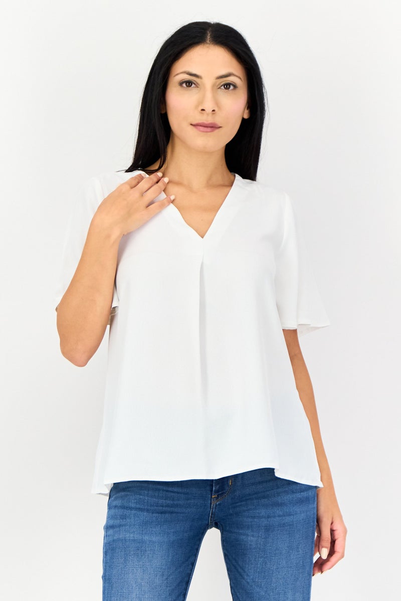 Threadbare Women V-Neck Flutter Sleeves Plain Top, White - Image 1