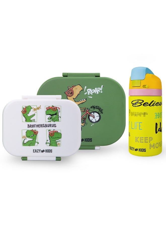 Eazy Kids Bento Lunch Box Set of 2 w/ Stainless Steel Water Bottle 445ml – Dino Green