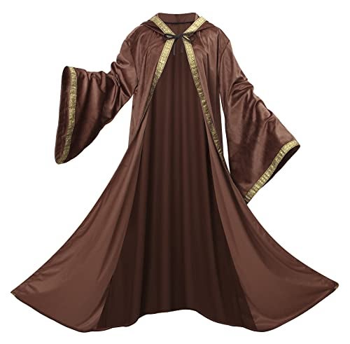 TOONRAIN Velvet Wizard Hooded Robe for Adult, Medieval Cape Renaissance Cloak for Men Women Halloween Costume(brown,150cm) - Image 1