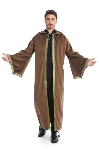 TOONRAIN Velvet Wizard Hooded Robe for Adult, Medieval Cape Renaissance Cloak for Men Women Halloween Costume(brown,150cm) - Image 4