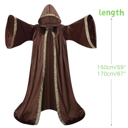 TOONRAIN Velvet Wizard Hooded Robe for Adult, Medieval Cape Renaissance Cloak for Men Women Halloween Costume(brown,150cm) - Image 2