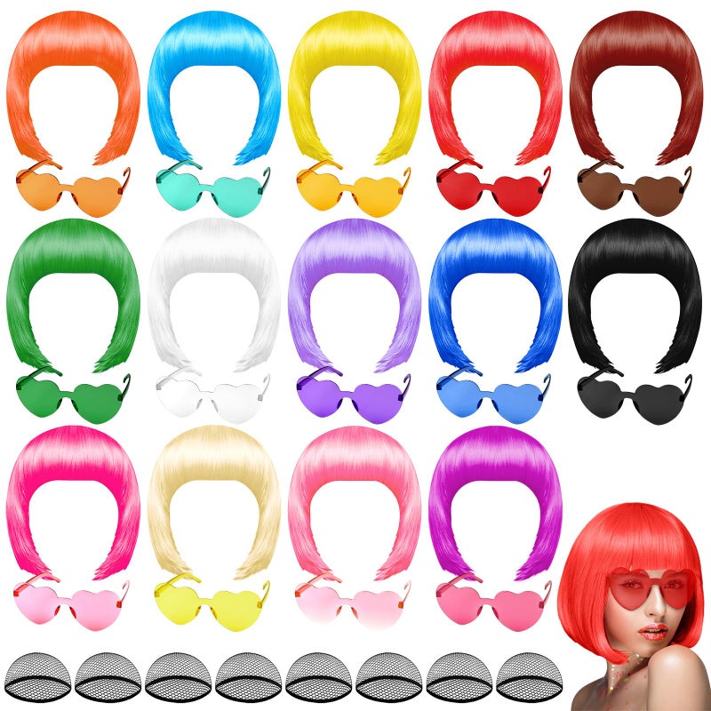 PLULON 14 Pieces Colorful Wigs, Party Wigs and Sunglass Set, Neon Short Bob Wig Sunglass Pack Costume Colorful Cosplay Wig Daily Party Hairpieces Bachelorette Halloween Costume - Image 1