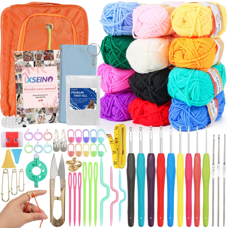 XSEINO Crochet Kit with Step-by-Step Video Tutorialsï¼ŒPremium Bundle Includes 12 Roll x50Yard Acrylic Yarn Balls, 12 Crochet Hooks, Crochet Bag and All Accessories Kit, Crochet Kit for Beginners - Image 1