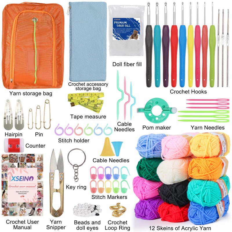 XSEINO Crochet Kit with Step-by-Step Video Tutorialsï¼ŒPremium Bundle Includes 12 Roll x50Yard Acrylic Yarn Balls, 12 Crochet Hooks, Crochet Bag and All Accessories Kit, Crochet Kit for Beginners - Image 2